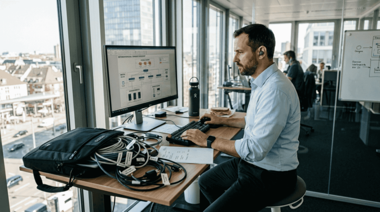 Ein IT-Administrator arbeitet konzentriert an seinem Schreibtisch in einem freundlich und modern eingerichteten Büro mit viel Tageslicht.