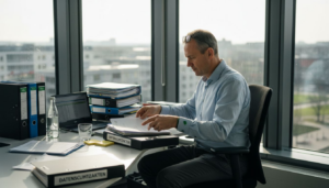 Eine Führungskraft prüft im Büro Unterlagen zum Datenschutz.