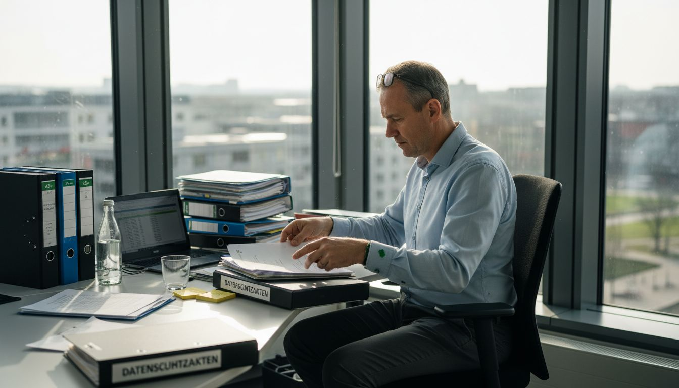 Eine Führungskraft prüft im Büro Unterlagen zum Datenschutz.