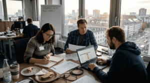 Ein kleines IT-Team arbeitet gemeinsam in einem hellen Eckbüro.