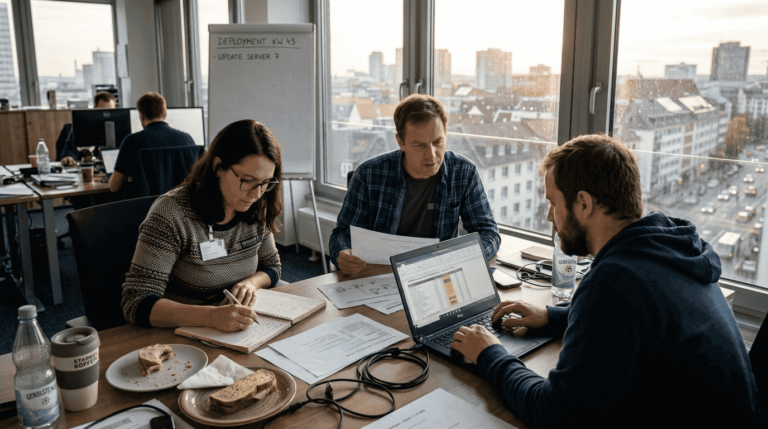 Ein kleines IT-Team arbeitet gemeinsam in einem hellen Eckbüro.