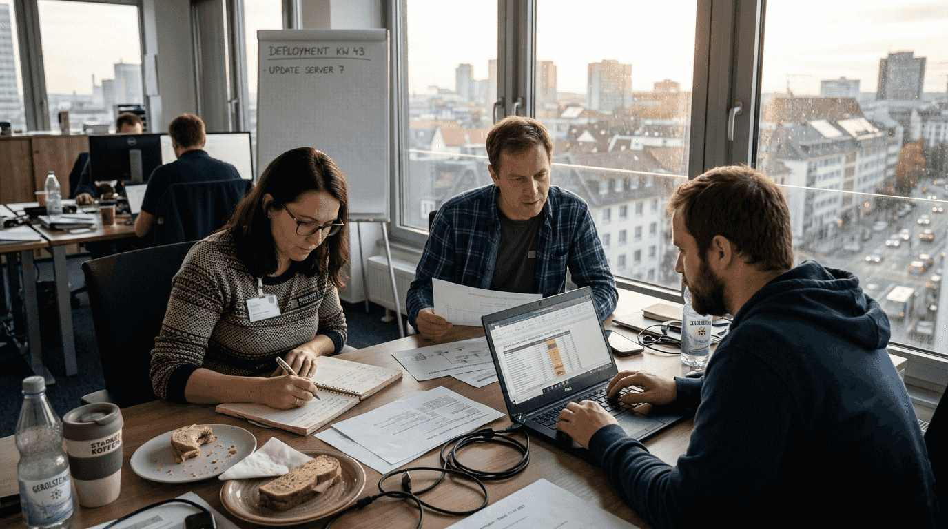 Ein kleines IT-Team arbeitet gemeinsam in einem hellen Eckbüro.